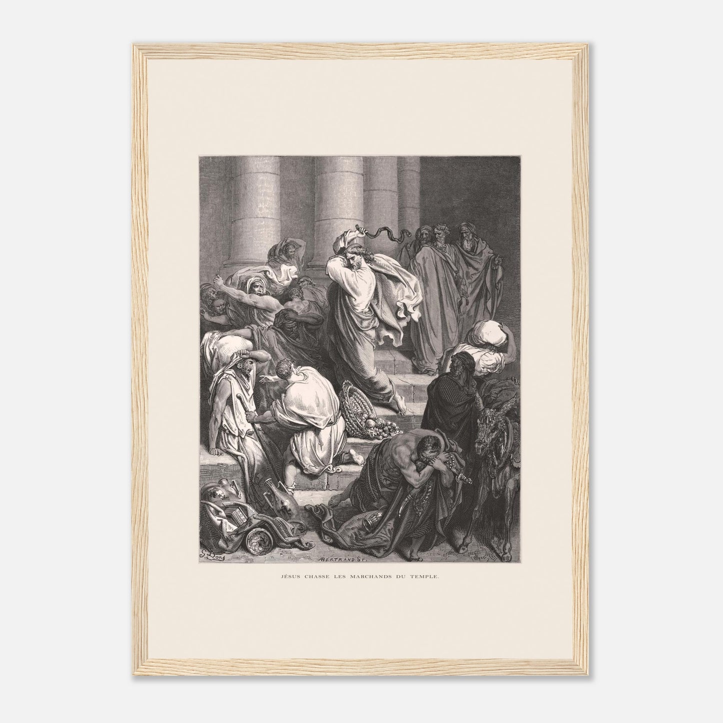 Jésus chassant les marchands du temple, gravure de Gustave Doré (29,7x42 cm (A3) / Cadre bois clair). Gravure de Gustave Doré pour la Sainte Bible, représentant la scène de "Jésus chasse les marchands du temple".