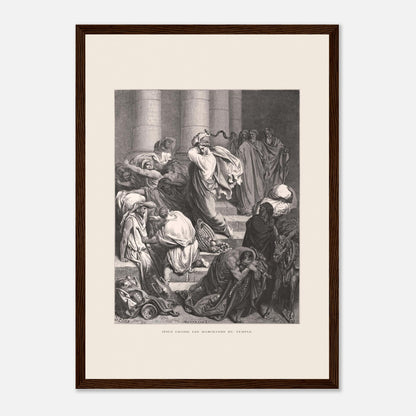 Jésus chassant les marchands du temple, gravure de Gustave Doré (29,7x42 cm (A3) / Cadre bois foncé). Gravure de Gustave Doré pour la Sainte Bible, représentant la scène de "Jésus chasse les marchands du temple".