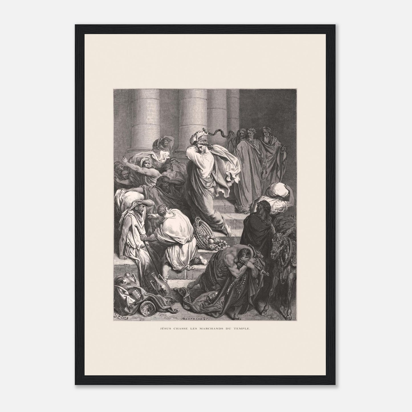 Jésus chassant les marchands du temple, gravure de Gustave Doré (29,7x42 cm (A3) / Cadre noir). Gravure de Gustave Doré pour la Sainte Bible, représentant la scène de "Jésus chasse les marchands du temple".