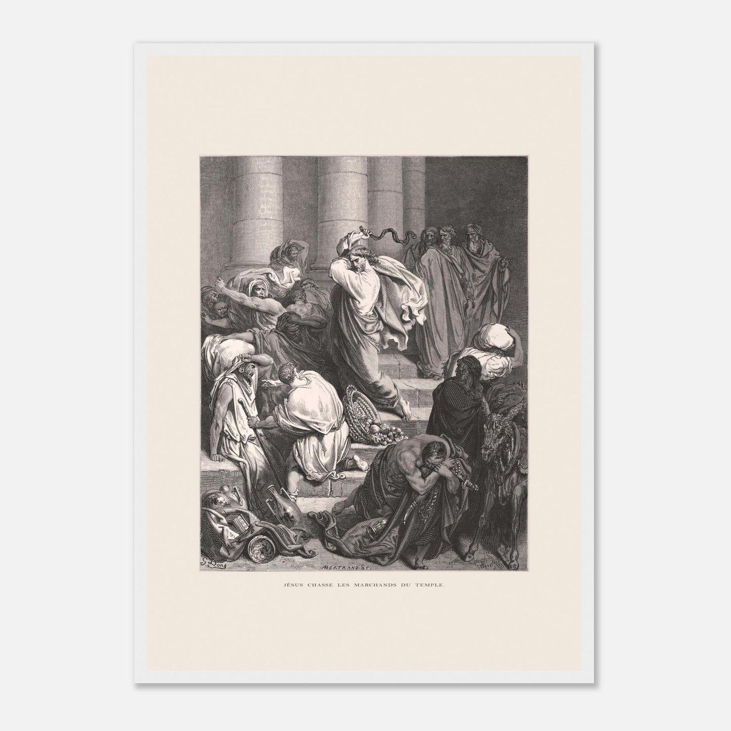 Jésus chassant les marchands du temple, gravure de Gustave Doré (42x59,4 cm (A2) / Cadre blanc). Gravure de Gustave Doré pour la Sainte Bible, représentant la scène de "Jésus chasse les marchands du temple".