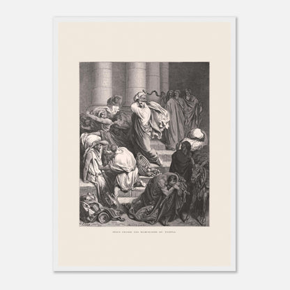 Jésus chassant les marchands du temple, gravure de Gustave Doré (42x59,4 cm (A2) / Cadre blanc). Gravure de Gustave Doré pour la Sainte Bible, représentant la scène de "Jésus chasse les marchands du temple".