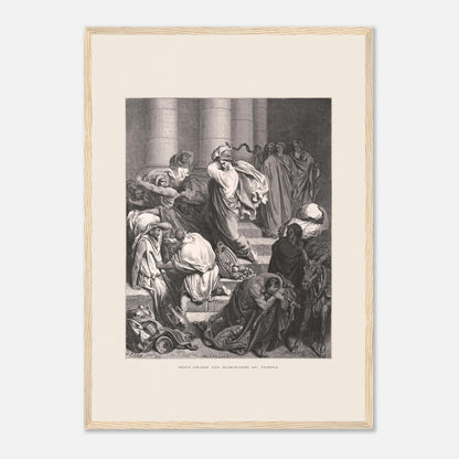 Jésus chassant les marchands du temple, gravure de Gustave Doré (42x59,4 cm (A2) / Cadre bois clair). Gravure de Gustave Doré pour la Sainte Bible, représentant la scène de "Jésus chasse les marchands du temple".