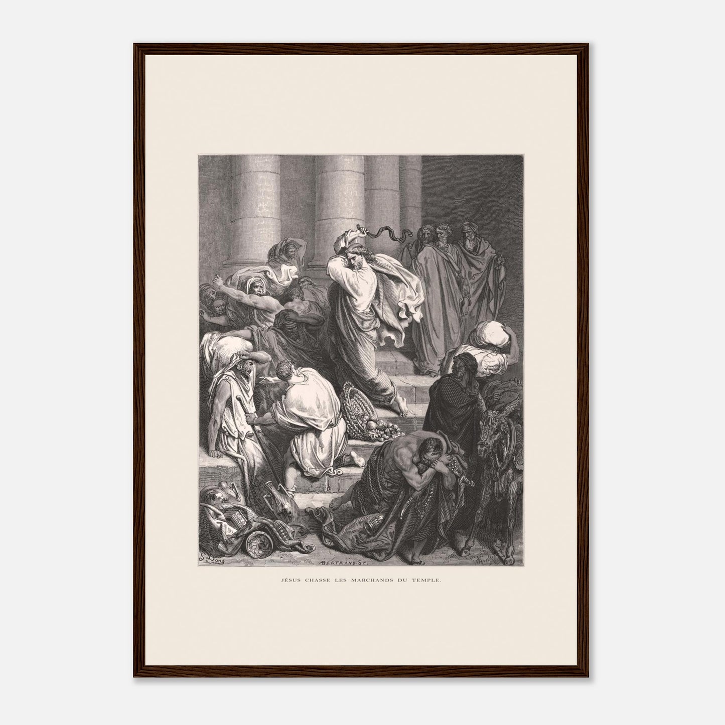 Jésus chassant les marchands du temple, gravure de Gustave Doré (42x59,4 cm (A2) / Cadre bois foncé). Gravure de Gustave Doré pour la Sainte Bible, représentant la scène de "Jésus chasse les marchands du temple".