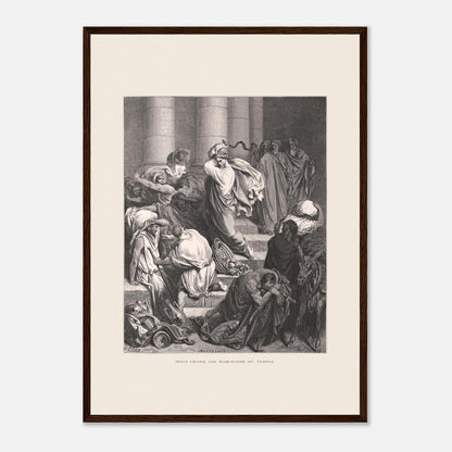 Jésus chassant les marchands du temple, gravure de Gustave Doré (42x59,4 cm (A2) / Cadre bois foncé). Gravure de Gustave Doré pour la Sainte Bible, représentant la scène de "Jésus chasse les marchands du temple".