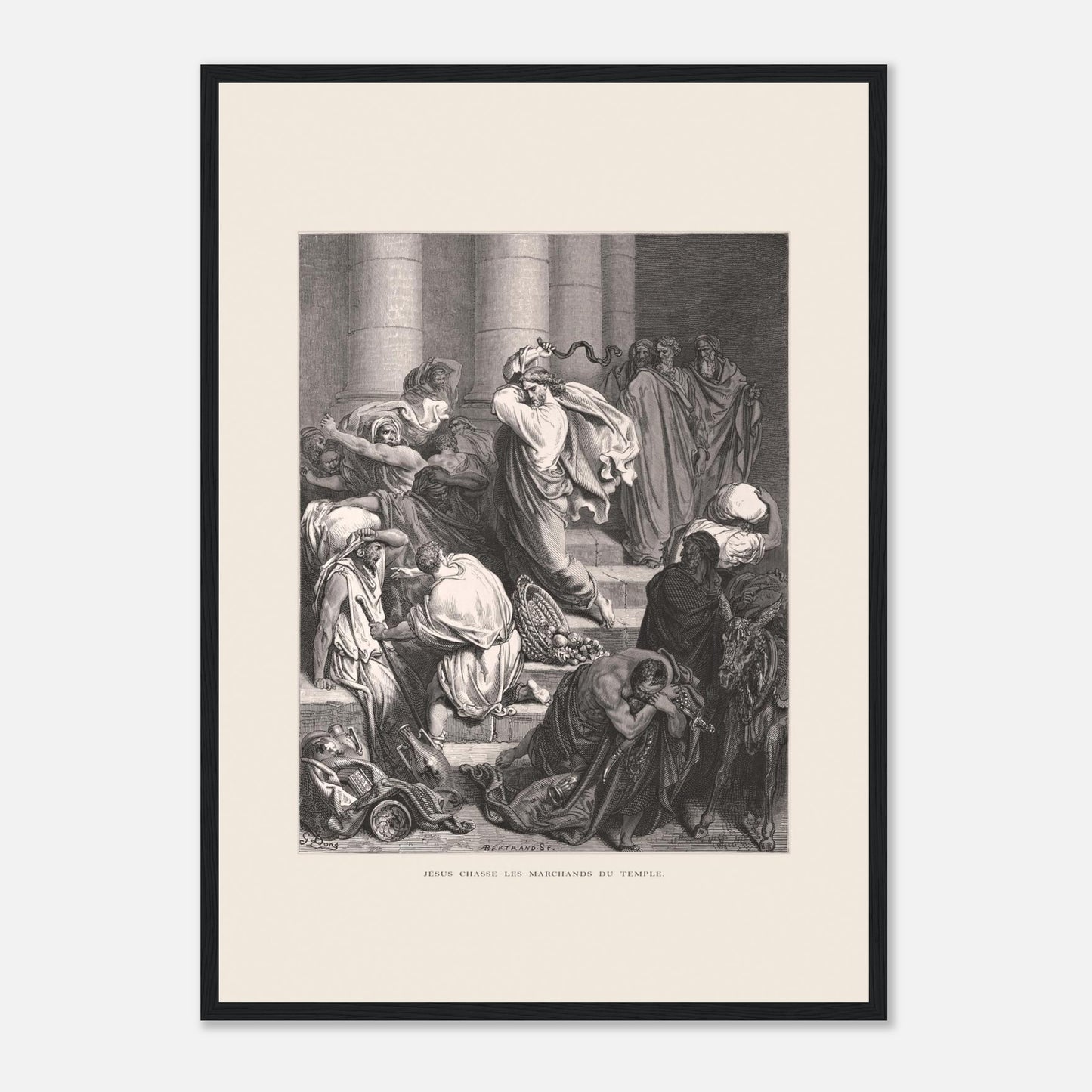Jésus chassant les marchands du temple, gravure de Gustave Doré (42x59,4 cm (A2) / Cadre noir). Gravure de Gustave Doré pour la Sainte Bible, représentant la scène de "Jésus chasse les marchands du temple".