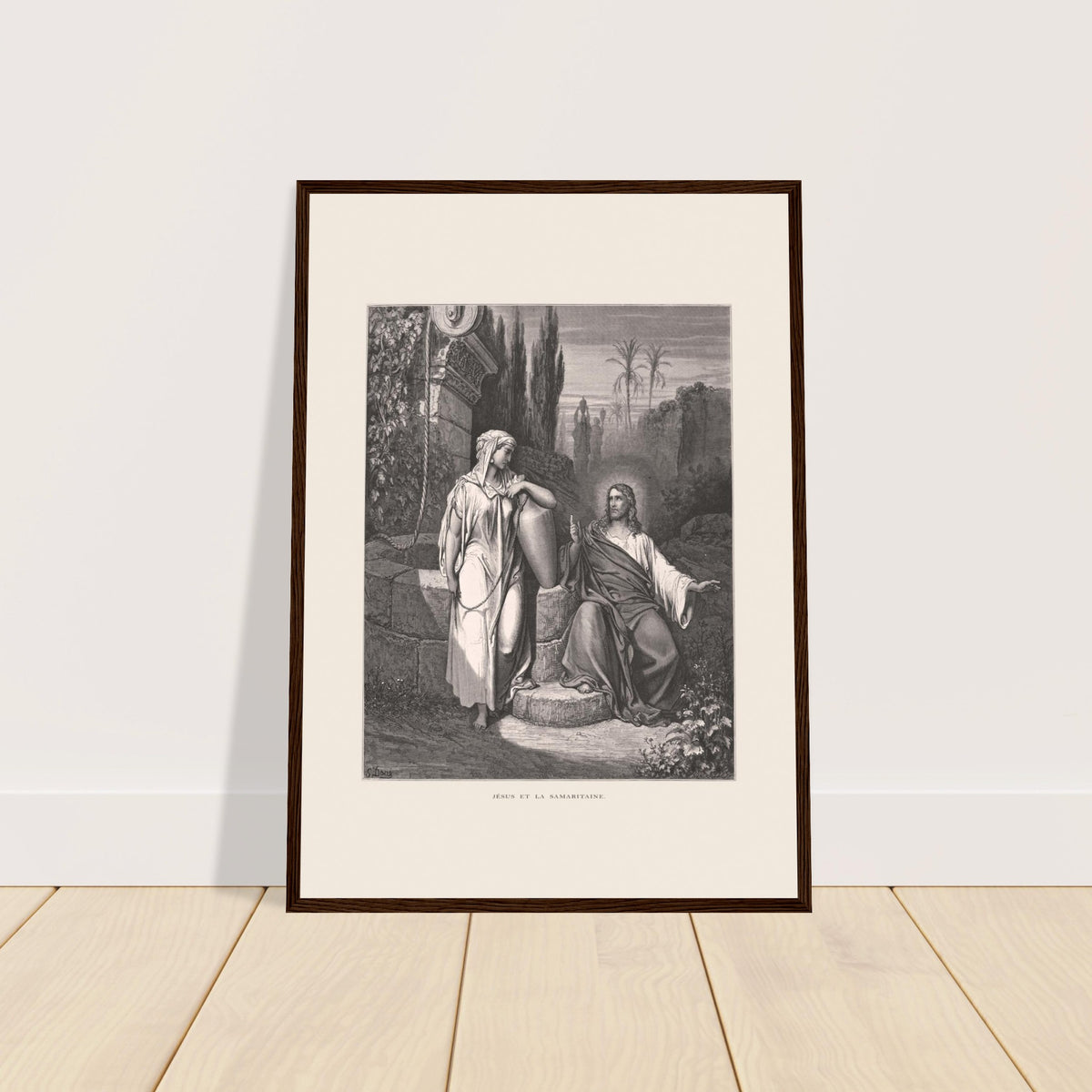 Jesus und die Samariterin — Stich von Gustave Doré. Stich von Gustave Doré, der die Begegnung zwischen Jesus und der Samariterin an einem Brunnen in einer halbtrockenen Landschaft mit Palmen darstellt.
