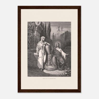 Jésus et la Samaritaine — Estampe de Gustave Doré (21x29,7 cm (A4) / Cadre bois foncé). Gravure de Gustave Doré illustrant la rencontre de Jésus et de la Samaritaine près d'un puits, dans un paysage semi-aride avec des palmiers.