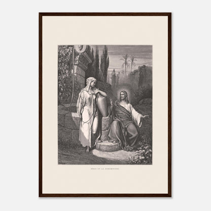 Jésus et la Samaritaine — Estampe de Gustave Doré (42x59,4 cm (A2) / Cadre bois foncé). Gravure de Gustave Doré illustrant la rencontre de Jésus et de la Samaritaine près d'un puits, dans un paysage semi-aride avec des palmiers.