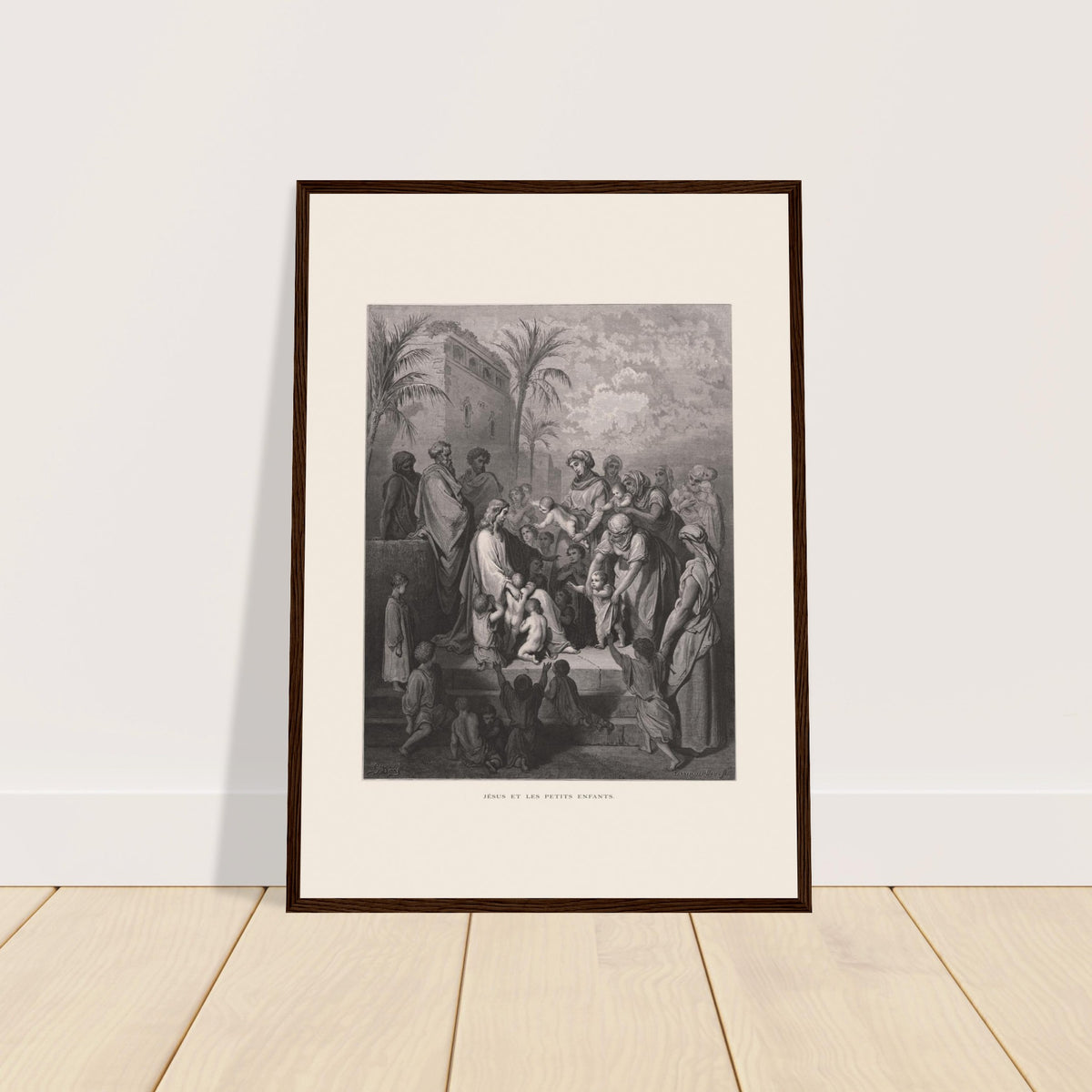 Jesus und die kleinen Kinder — Stich von Gustave Doré (1866). Stich von Gustave Doré, der Jesus zeigt, umgeben von einer Menge Erwachsener und Kinder, wobei einige Frauen ihm ihre Kinder präsentieren, in einer architektonischen Landschaft mit Palmen.