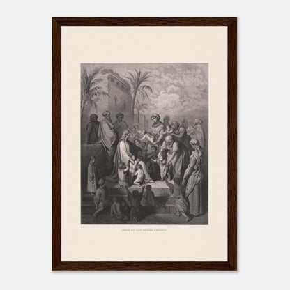 Jésus et les petits enfants — Gravure de Gustave Doré (1866) (21x29,7 cm (A4) / Cadre bois foncé). Gravure de Gustave Doré montrant Jésus entouré d'une foule d'adultes et d'enfants, certaines femmes lui présentant leurs enfants, dans un paysage architectural avec palmiers.