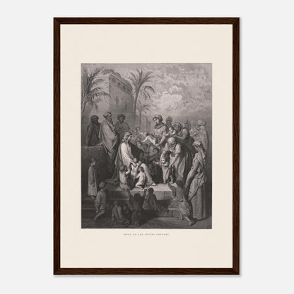 Jésus et les petits enfants — Gravure de Gustave Doré (1866) (29,7x42 cm (A3) / Cadre bois foncé). Gravure de Gustave Doré montrant Jésus entouré d'une foule d'adultes et d'enfants, certaines femmes lui présentant leurs enfants, dans un paysage architectural avec palmiers.