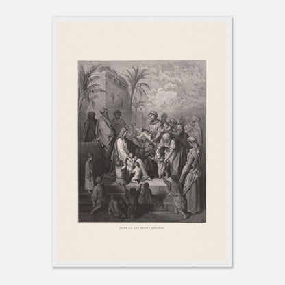 Jésus et les petits enfants — Gravure de Gustave Doré (1866) (42x59,4 cm (A2) / Cadre blanc). Gravure de Gustave Doré montrant Jésus entouré d'une foule d'adultes et d'enfants, certaines femmes lui présentant leurs enfants, dans un paysage architectural avec palmiers.