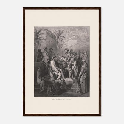 Jésus et les petits enfants — Gravure de Gustave Doré (1866) (42x59,4 cm (A2) / Cadre bois foncé). Gravure de Gustave Doré montrant Jésus entouré d'une foule d'adultes et d'enfants, certaines femmes lui présentant leurs enfants, dans un paysage architectural avec palmiers.