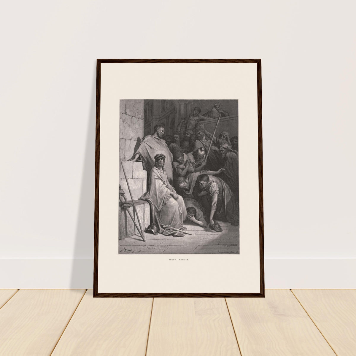 Jesus verspottet und mit Dornen gekrönt, Stich von Gustave Doré. Werk von Gustave Doré, das den verspotteten Jesus darstellt, sitzend und mit einer Dornenkrone gekrönt, umgeben von feindseligen Figuren in einer architektonischen Umgebung.
