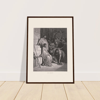 Jesus verspottet und mit Dornen gekrönt, Stich von Gustave Doré. Werk von Gustave Doré, das den verspotteten Jesus darstellt, sitzend und mit einer Dornenkrone gekrönt, umgeben von feindseligen Figuren in einer architektonischen Umgebung.