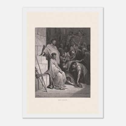 Jésus insulté et couronné d'épines, gravure de Gustave Doré (21x29,7 cm (A4) / Cadre blanc). Œuvre de Gustave Doré représentant Jésus insulté, assis et couronné d'épines, entouré de personnages hostiles dans un environnement architectural.