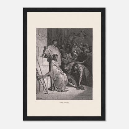Jésus insulté et couronné d'épines, gravure de Gustave Doré (21x29,7 cm (A4) / Cadre noir). Œuvre de Gustave Doré représentant Jésus insulté, assis et couronné d'épines, entouré de personnages hostiles dans un environnement architectural.