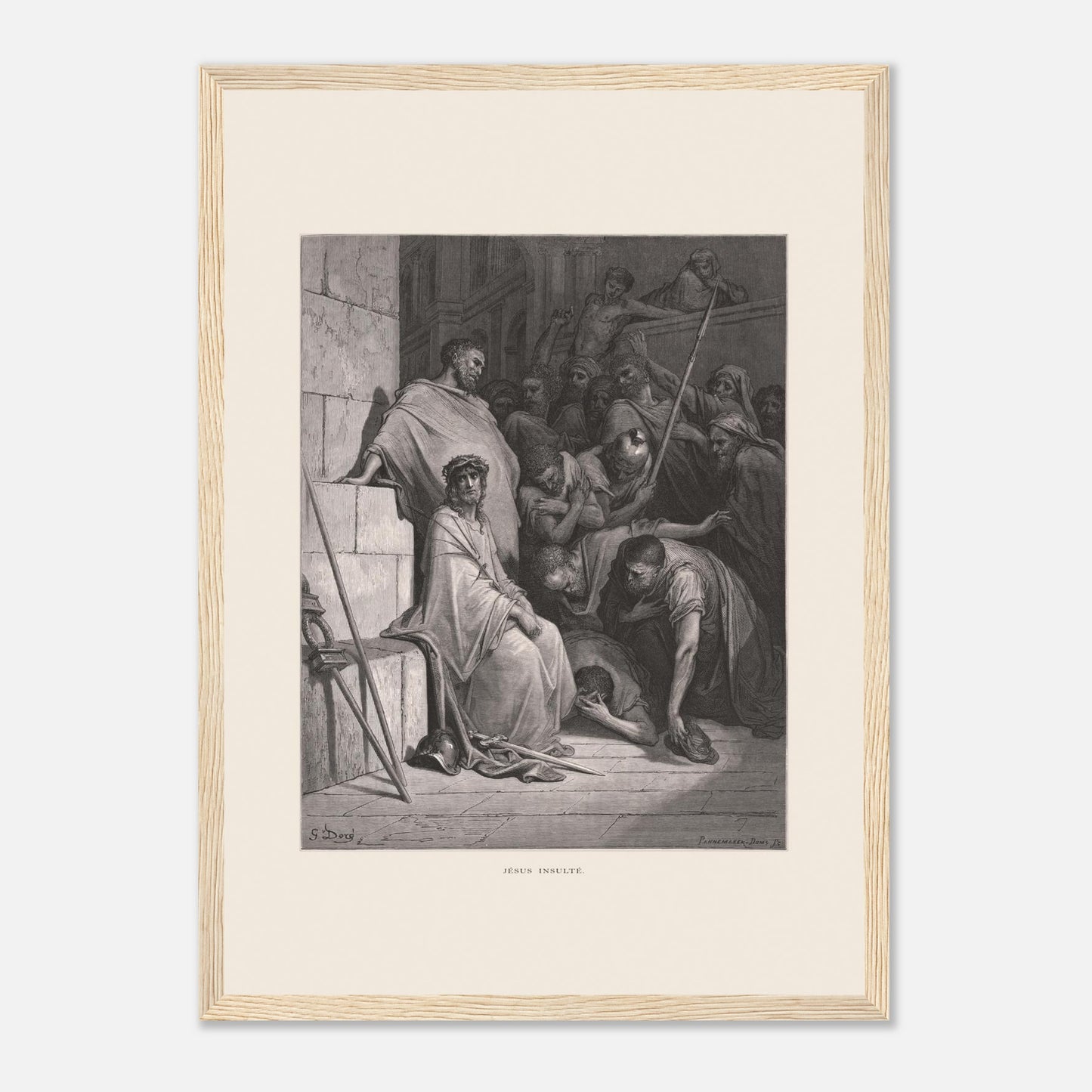 Jésus insulté et couronné d'épines, gravure de Gustave Doré (29,7x42 cm (A3) / Cadre bois clair). Œuvre de Gustave Doré représentant Jésus insulté, assis et couronné d'épines, entouré de personnages hostiles dans un environnement architectural.