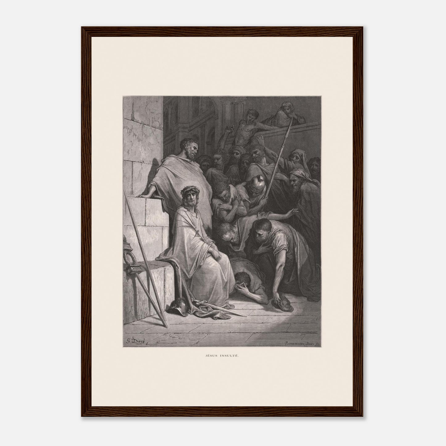 Jésus insulté et couronné d'épines, gravure de Gustave Doré (29,7x42 cm (A3) / Cadre bois foncé). Œuvre de Gustave Doré représentant Jésus insulté, assis et couronné d'épines, entouré de personnages hostiles dans un environnement architectural.
