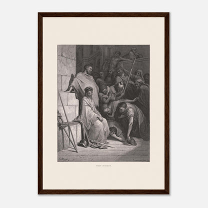 Jésus insulté et couronné d'épines, gravure de Gustave Doré (29,7x42 cm (A3) / Cadre bois foncé). Œuvre de Gustave Doré représentant Jésus insulté, assis et couronné d'épines, entouré de personnages hostiles dans un environnement architectural.