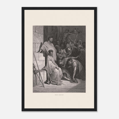 Jésus insulté et couronné d'épines, gravure de Gustave Doré (29,7x42 cm (A3) / Cadre noir). Œuvre de Gustave Doré représentant Jésus insulté, assis et couronné d'épines, entouré de personnages hostiles dans un environnement architectural.