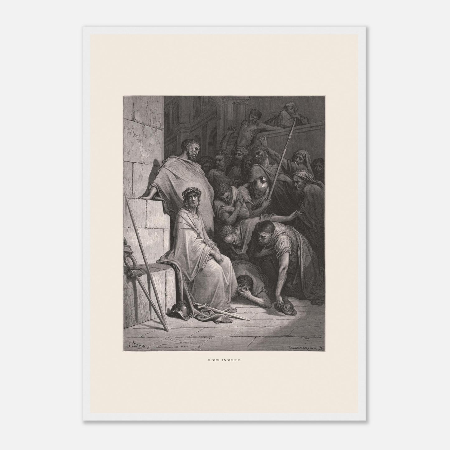 Jésus insulté et couronné d'épines, gravure de Gustave Doré (42x59,4 cm (A2) / Cadre blanc). Œuvre de Gustave Doré représentant Jésus insulté, assis et couronné d'épines, entouré de personnages hostiles dans un environnement architectural.