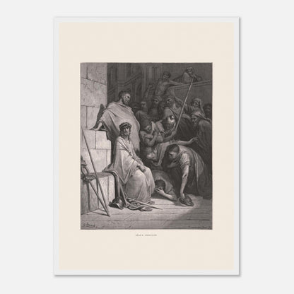 Jésus insulté et couronné d'épines, gravure de Gustave Doré (42x59,4 cm (A2) / Cadre blanc). Œuvre de Gustave Doré représentant Jésus insulté, assis et couronné d'épines, entouré de personnages hostiles dans un environnement architectural.
