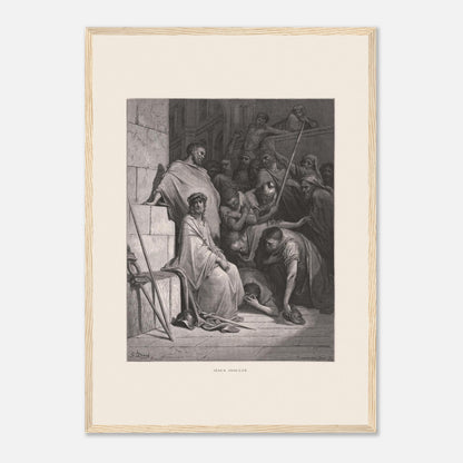 Jésus insulté et couronné d'épines, gravure de Gustave Doré (42x59,4 cm (A2) / Cadre bois clair). Œuvre de Gustave Doré représentant Jésus insulté, assis et couronné d'épines, entouré de personnages hostiles dans un environnement architectural.