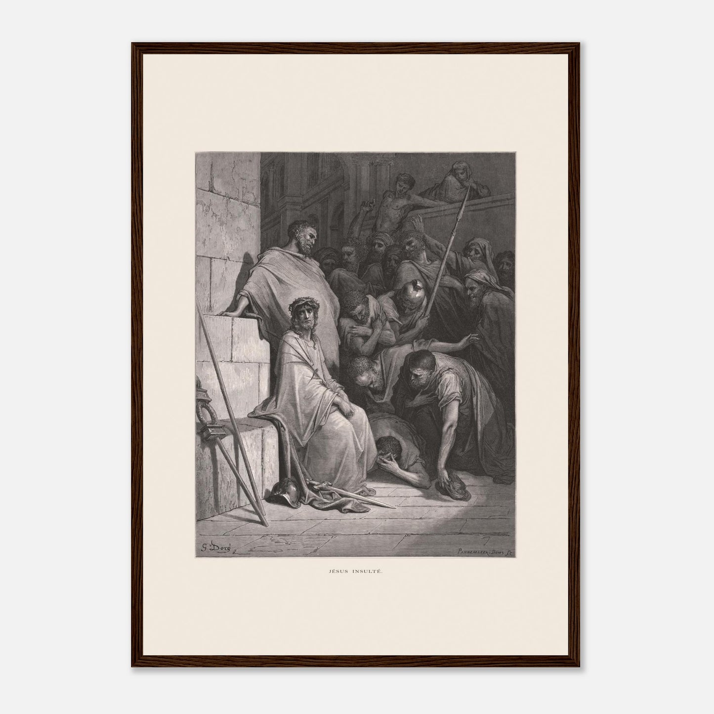 Jésus insulté et couronné d'épines, gravure de Gustave Doré (42x59,4 cm (A2) / Cadre bois foncé). Œuvre de Gustave Doré représentant Jésus insulté, assis et couronné d'épines, entouré de personnages hostiles dans un environnement architectural.