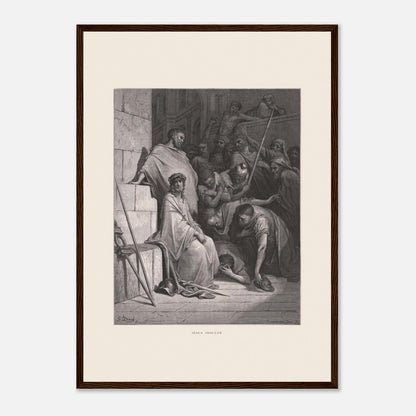 Jésus insulté et couronné d'épines, gravure de Gustave Doré (42x59,4 cm (A2) / Cadre bois foncé). Œuvre de Gustave Doré représentant Jésus insulté, assis et couronné d'épines, entouré de personnages hostiles dans un environnement architectural.