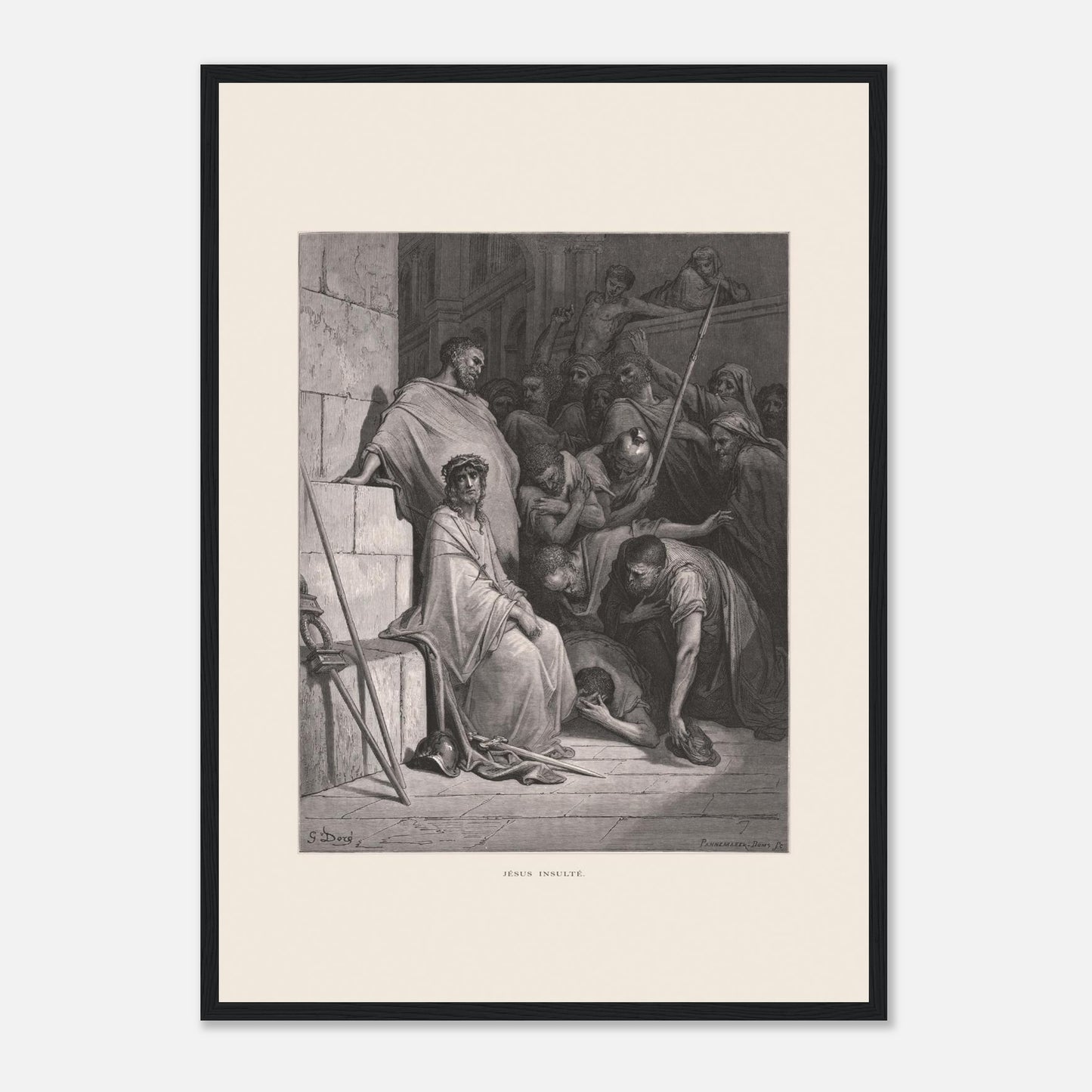 Jésus insulté et couronné d'épines, gravure de Gustave Doré (42x59,4 cm (A2) / Cadre noir). Œuvre de Gustave Doré représentant Jésus insulté, assis et couronné d'épines, entouré de personnages hostiles dans un environnement architectural.