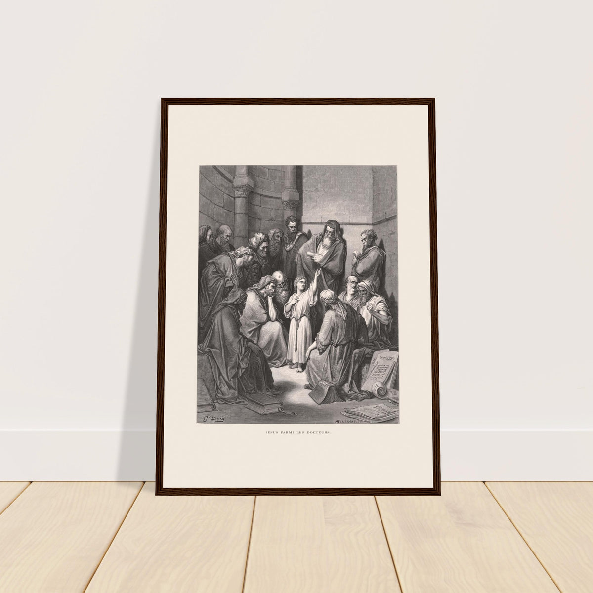 Jesus unter den Schriftgelehrten — Stich von Gustave Doré (1866). Stich von Gustave Dore, der den jungen Jesus darstellt, wie er in einem religiösen Gebäude, umgeben von Büchern und Manuskripten, mit Schriftgelehrten diskutiert.