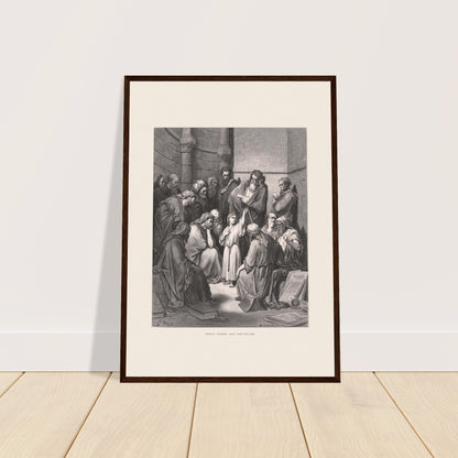 Jesus unter den Schriftgelehrten — Stich von Gustave Doré (1866). Stich von Gustave Dore, der den jungen Jesus darstellt, wie er in einem religiösen Gebäude, umgeben von Büchern und Manuskripten, mit Schriftgelehrten diskutiert.