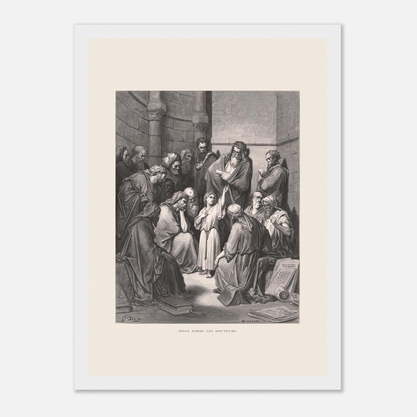 Jésus parmi les docteurs — Gravure de Gustave Doré (1866) (21x29,7 cm (A4) / Cadre blanc). Gravure de Gustave Doré représentant Jésus, enfant, discutant avec des docteurs de la loi dans un édifice religieux, entouré de livres et de manuscrits.