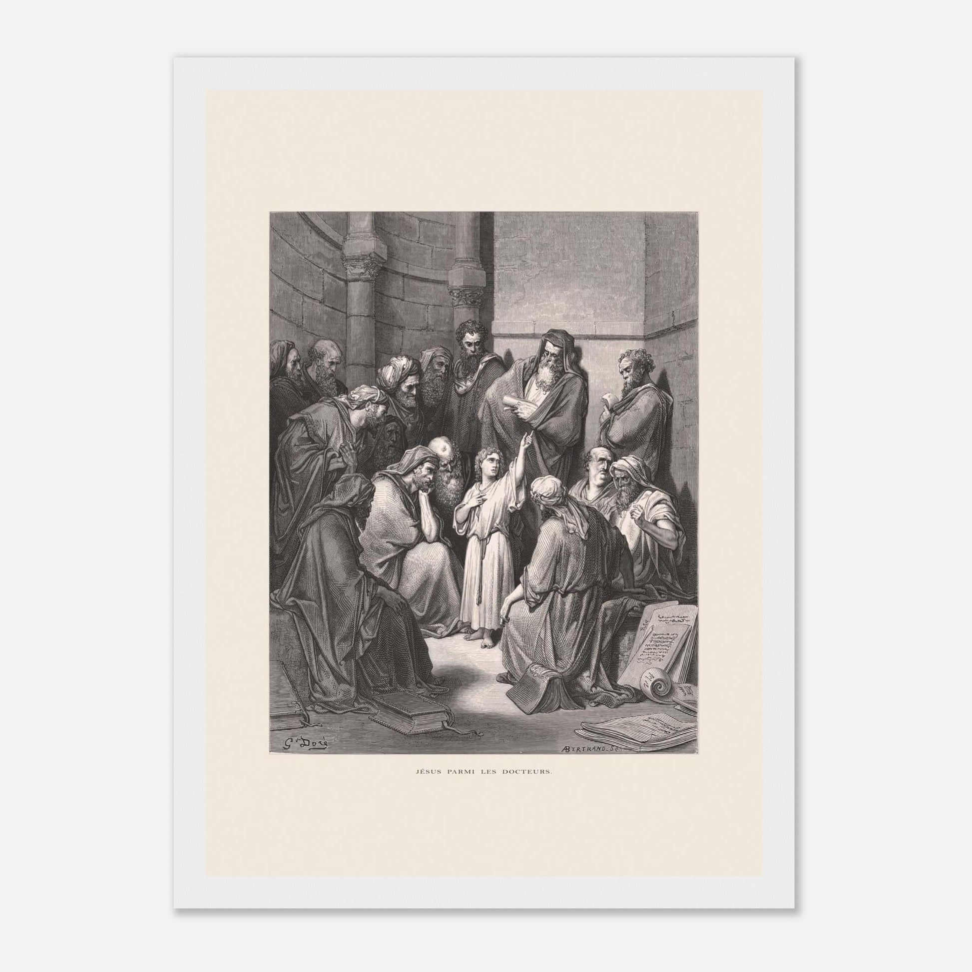 Jésus parmi les docteurs — Gravure de Gustave Doré (1866) (21x29,7 cm (A4) / Cadre blanc). Gravure de Gustave Doré représentant Jésus, enfant, discutant avec des docteurs de la loi dans un édifice religieux, entouré de livres et de manuscrits.