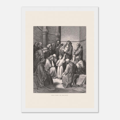 Jésus parmi les docteurs — Gravure de Gustave Doré (1866) (21x29,7 cm (A4) / Cadre blanc). Gravure de Gustave Doré représentant Jésus, enfant, discutant avec des docteurs de la loi dans un édifice religieux, entouré de livres et de manuscrits.