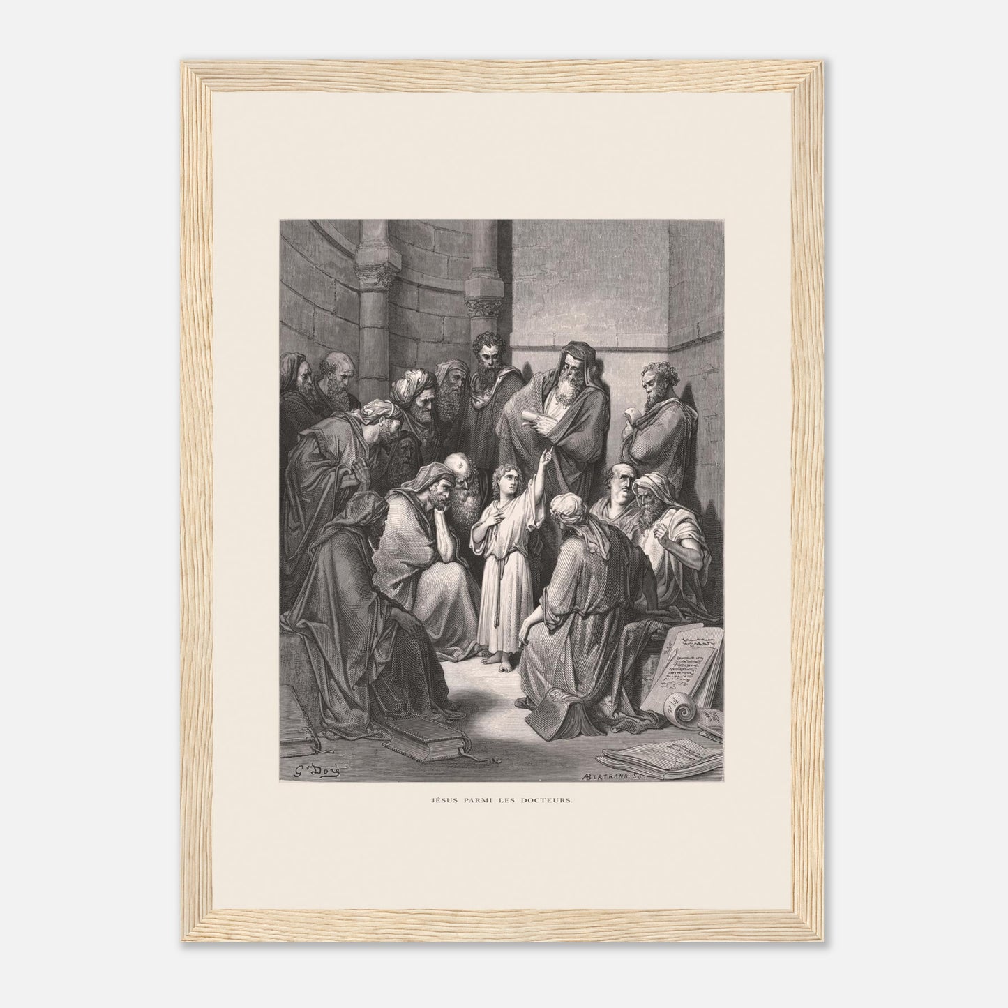 Jésus parmi les docteurs — Gravure de Gustave Doré (1866) (21x29,7 cm (A4) / Cadre bois clair). Gravure de Gustave Doré représentant Jésus, enfant, discutant avec des docteurs de la loi dans un édifice religieux, entouré de livres et de manuscrits.