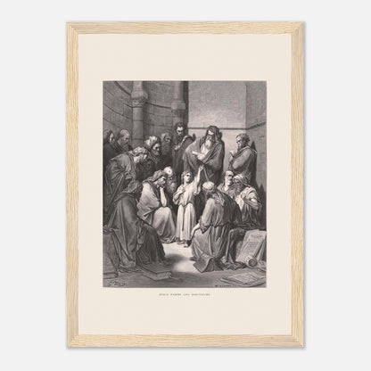 Jésus parmi les docteurs — Gravure de Gustave Doré (1866) (21x29,7 cm (A4) / Cadre bois clair). Gravure de Gustave Doré représentant Jésus, enfant, discutant avec des docteurs de la loi dans un édifice religieux, entouré de livres et de manuscrits.