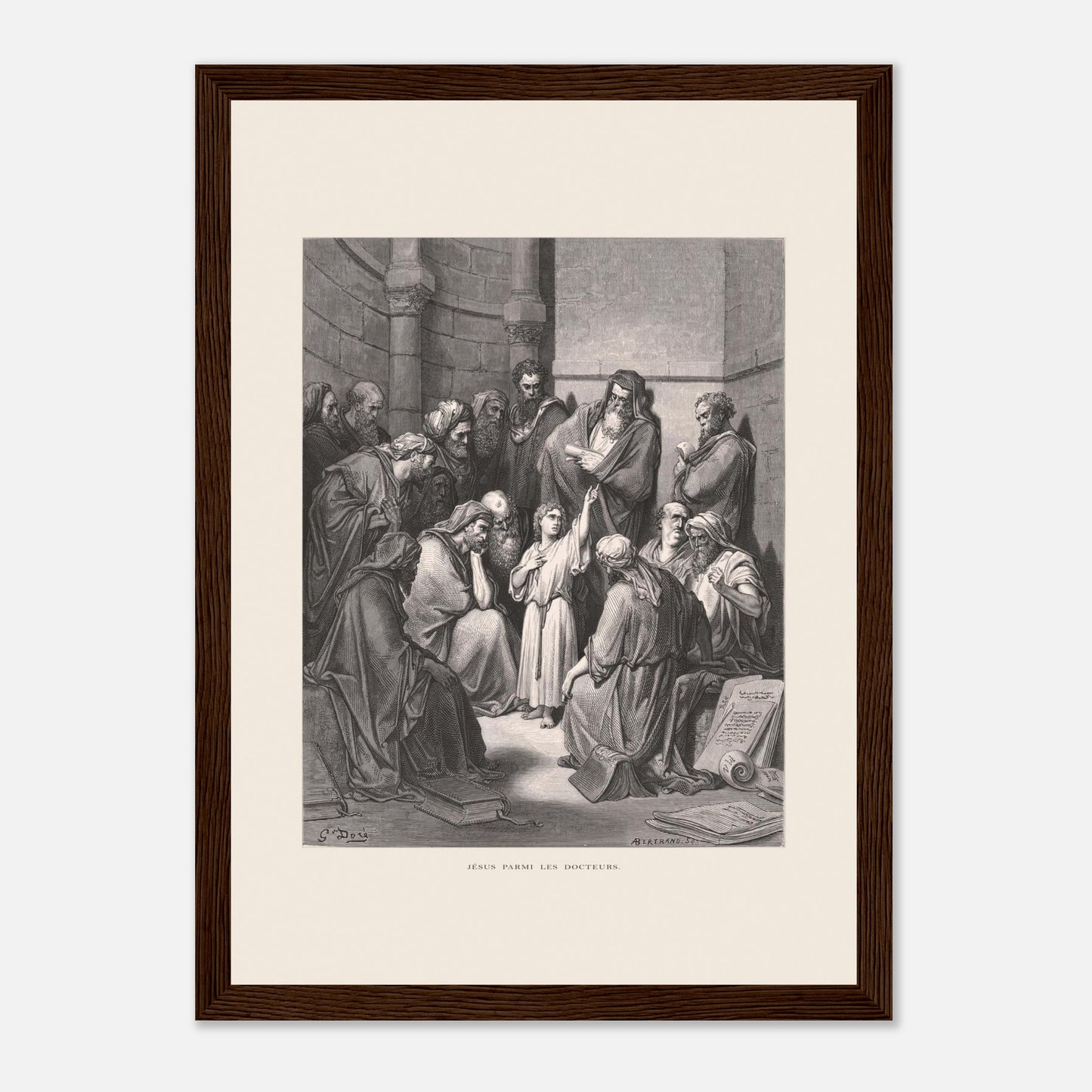 Jésus parmi les docteurs — Gravure de Gustave Doré (1866) (21x29,7 cm (A4) / Cadre bois foncé). Gravure de Gustave Doré représentant Jésus, enfant, discutant avec des docteurs de la loi dans un édifice religieux, entouré de livres et de manuscrits.