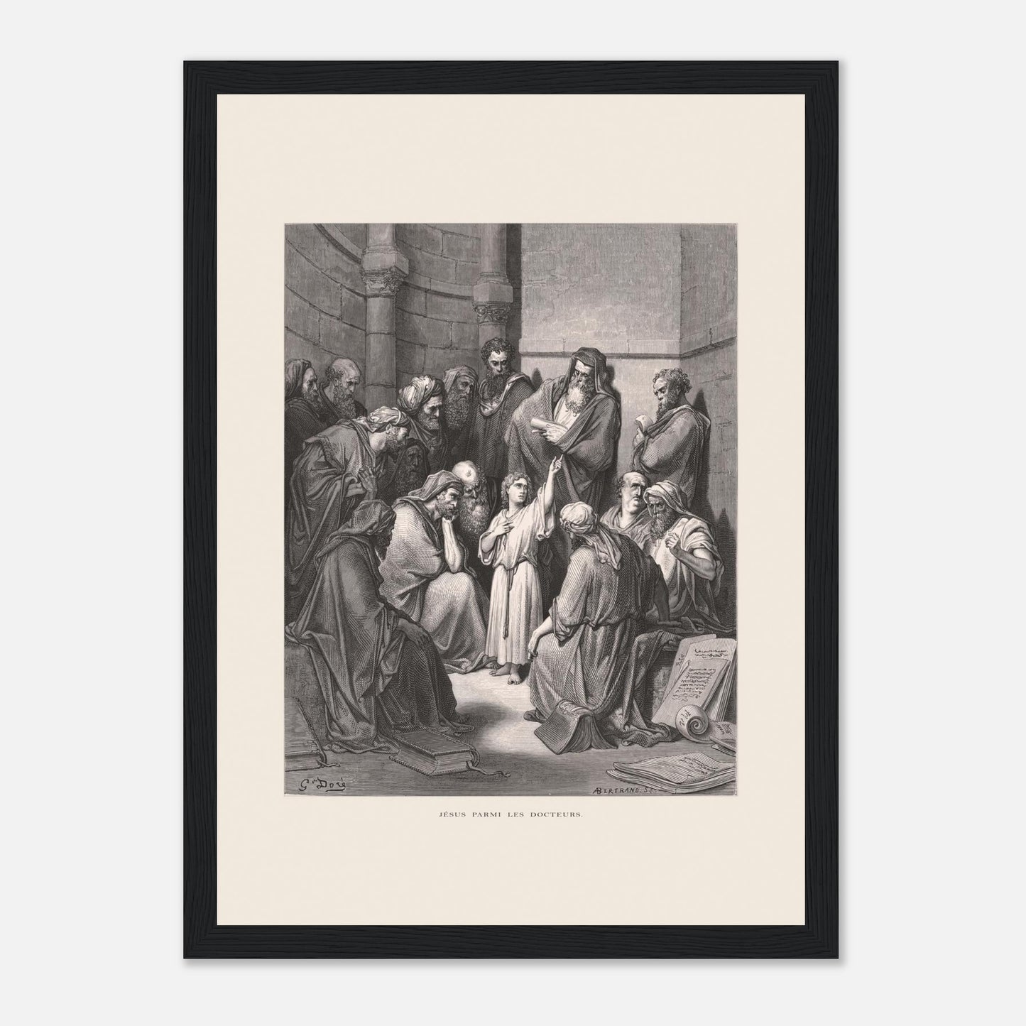 Jésus parmi les docteurs — Gravure de Gustave Doré (1866) (21x29,7 cm (A4) / Cadre noir). Gravure de Gustave Doré représentant Jésus, enfant, discutant avec des docteurs de la loi dans un édifice religieux, entouré de livres et de manuscrits.