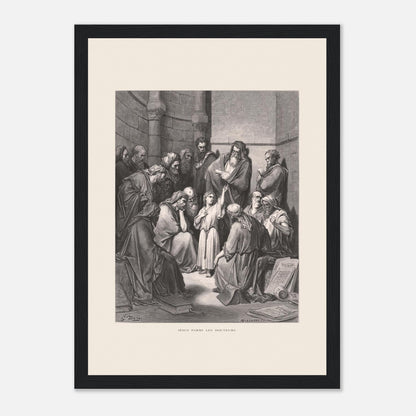 Jésus parmi les docteurs — Gravure de Gustave Doré (1866) (21x29,7 cm (A4) / Cadre noir). Gravure de Gustave Doré représentant Jésus, enfant, discutant avec des docteurs de la loi dans un édifice religieux, entouré de livres et de manuscrits.