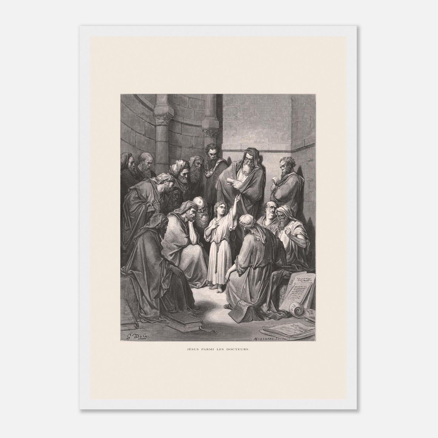 Jésus parmi les docteurs — Gravure de Gustave Doré (1866) (29,7x42 cm (A3) / Cadre blanc). Gravure de Gustave Doré représentant Jésus, enfant, discutant avec des docteurs de la loi dans un édifice religieux, entouré de livres et de manuscrits.