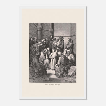 Jésus parmi les docteurs — Gravure de Gustave Doré (1866) (29,7x42 cm (A3) / Cadre blanc). Gravure de Gustave Doré représentant Jésus, enfant, discutant avec des docteurs de la loi dans un édifice religieux, entouré de livres et de manuscrits.