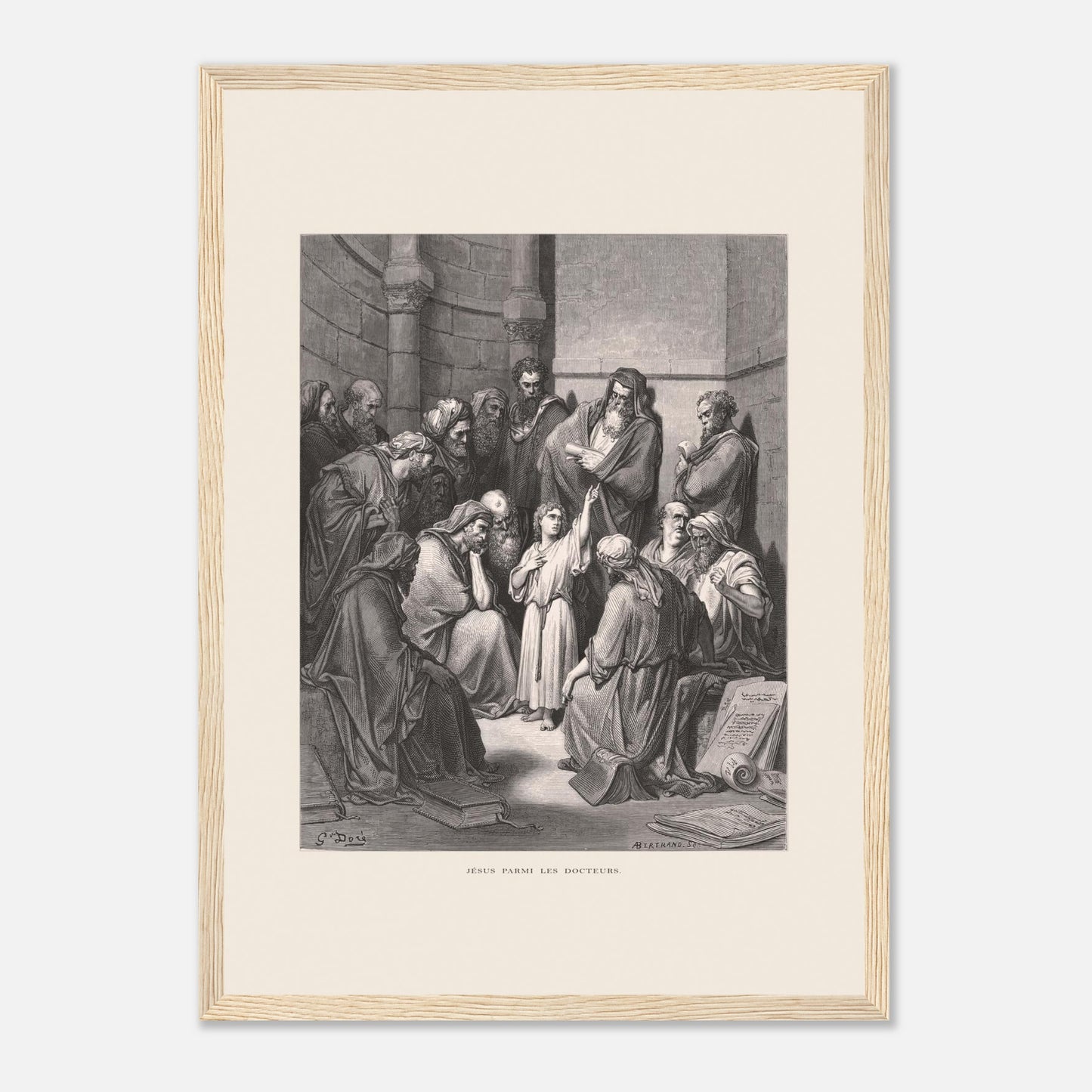 Jésus parmi les docteurs — Gravure de Gustave Doré (1866) (29,7x42 cm (A3) / Cadre bois clair). Gravure de Gustave Doré représentant Jésus, enfant, discutant avec des docteurs de la loi dans un édifice religieux, entouré de livres et de manuscrits.