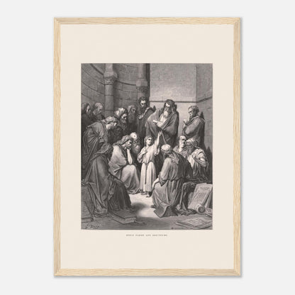 Jésus parmi les docteurs — Gravure de Gustave Doré (1866) (29,7x42 cm (A3) / Cadre bois clair). Gravure de Gustave Doré représentant Jésus, enfant, discutant avec des docteurs de la loi dans un édifice religieux, entouré de livres et de manuscrits.