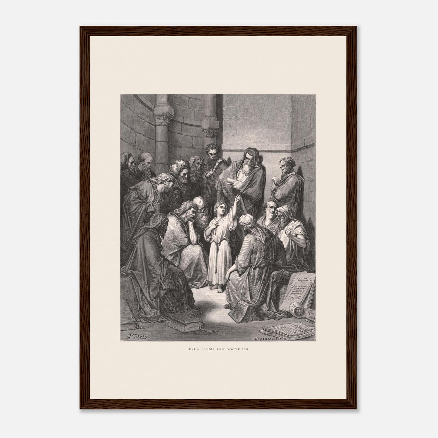 Jésus parmi les docteurs — Gravure de Gustave Doré (1866) (29,7x42 cm (A3) / Cadre bois foncé). Gravure de Gustave Doré représentant Jésus, enfant, discutant avec des docteurs de la loi dans un édifice religieux, entouré de livres et de manuscrits.