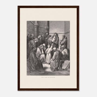 Jésus parmi les docteurs — Gravure de Gustave Doré (1866) (29,7x42 cm (A3) / Cadre bois foncé). Gravure de Gustave Doré représentant Jésus, enfant, discutant avec des docteurs de la loi dans un édifice religieux, entouré de livres et de manuscrits.