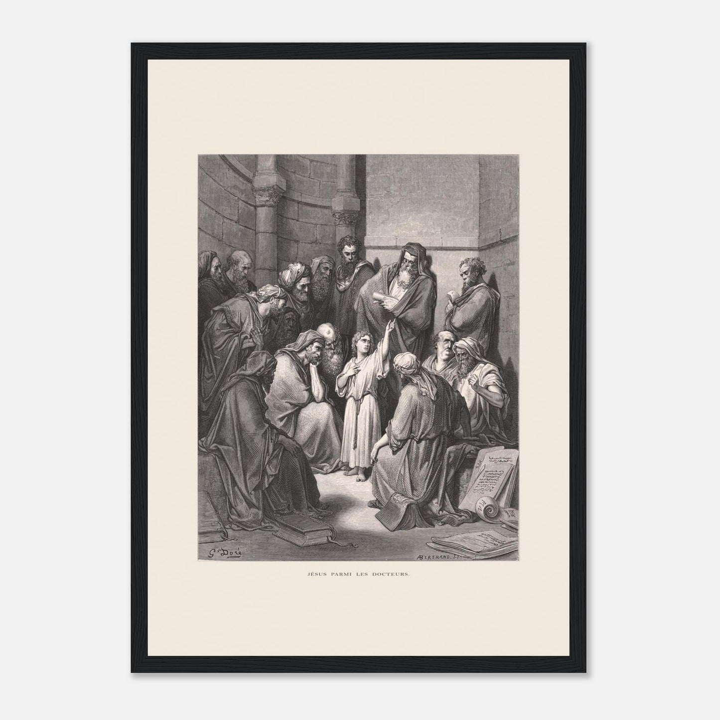 Jésus parmi les docteurs — Gravure de Gustave Doré (1866) (29,7x42 cm (A3) / Cadre noir). Gravure de Gustave Doré représentant Jésus, enfant, discutant avec des docteurs de la loi dans un édifice religieux, entouré de livres et de manuscrits.