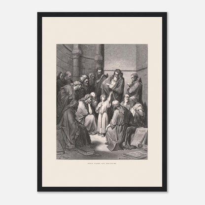 Jésus parmi les docteurs — Gravure de Gustave Doré (1866) (29,7x42 cm (A3) / Cadre noir). Gravure de Gustave Doré représentant Jésus, enfant, discutant avec des docteurs de la loi dans un édifice religieux, entouré de livres et de manuscrits.