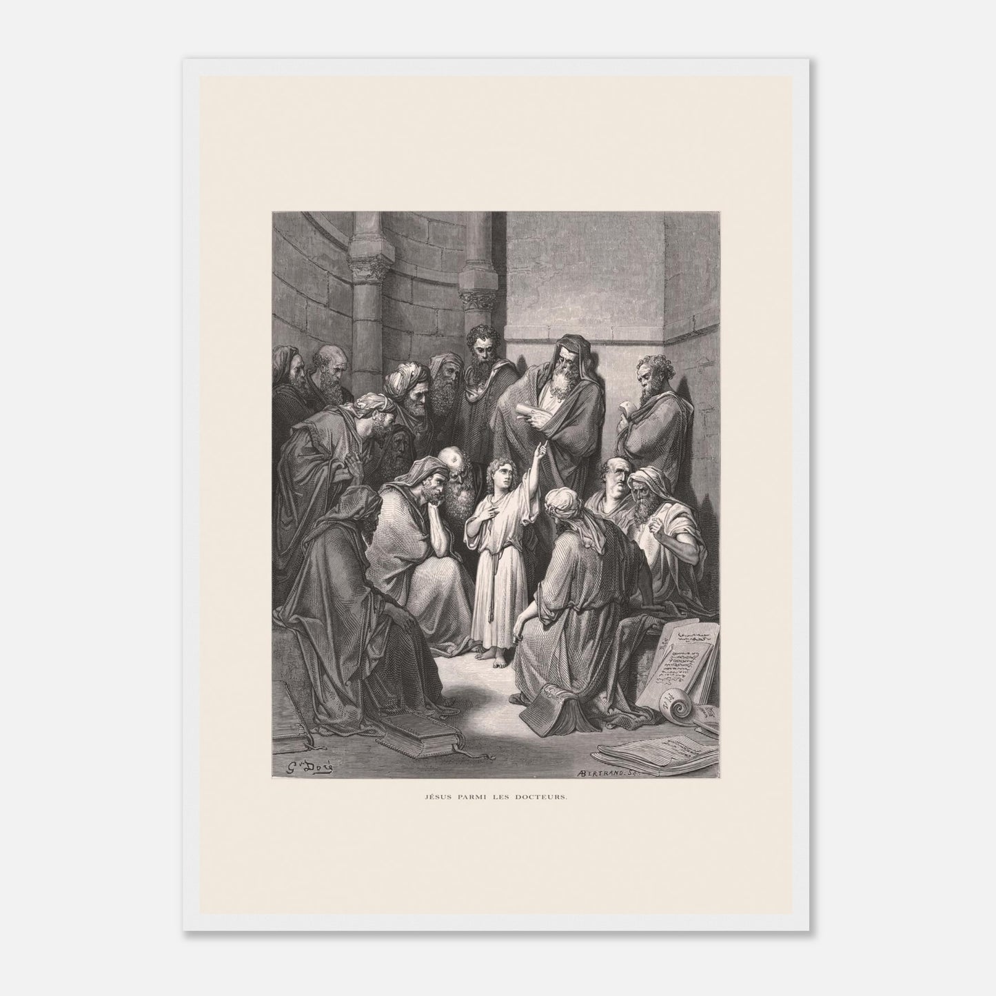 Jésus parmi les docteurs — Gravure de Gustave Doré (1866) (42x59,4 cm (A2) / Cadre blanc). Gravure de Gustave Doré représentant Jésus, enfant, discutant avec des docteurs de la loi dans un édifice religieux, entouré de livres et de manuscrits.